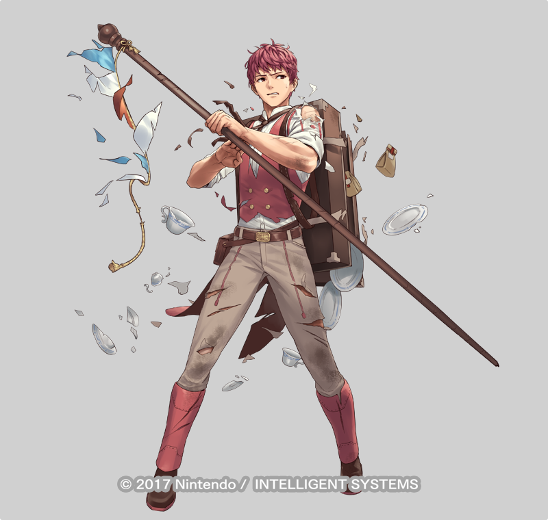 1boy bag belt boots cuboon cup fire_emblem fire_emblem_echoes:_mou_hitori_no_eiyuuou fire_emblem_heroes full_body grey_background injury lukas_(fire_emblem) male_focus necktie nintendo official_art plate red_eyes red_hair solo staff teacup teeth torn_clothes vest