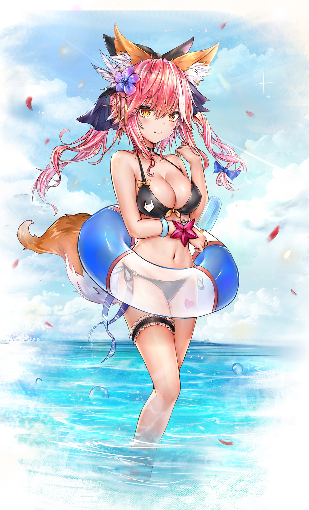 1girl animal_ear_fluff animal_ears bare_arms bare_legs bare_shoulders bikini black_bikini black_choker blue_flower blue_ribbon blue_sky breasts bubble choker cleavage cloud cloudy_sky collarbone commentary_request day fang fate/grand_order fate_(series) flower food hair_flower hair_ornament halter_top halterneck hand_up highres holding holding_food horizon innertube large_breasts leg_garter long_hair looking_at_viewer luminous navel ocean outdoors petals pink_hair popsicle ribbon side-tie_bikini sky smile solo standing star stomach swimsuit tail tamamo_(fate)_(all) tamamo_no_mae_(fate) thighs twintails wading water wristband yellow_eyes