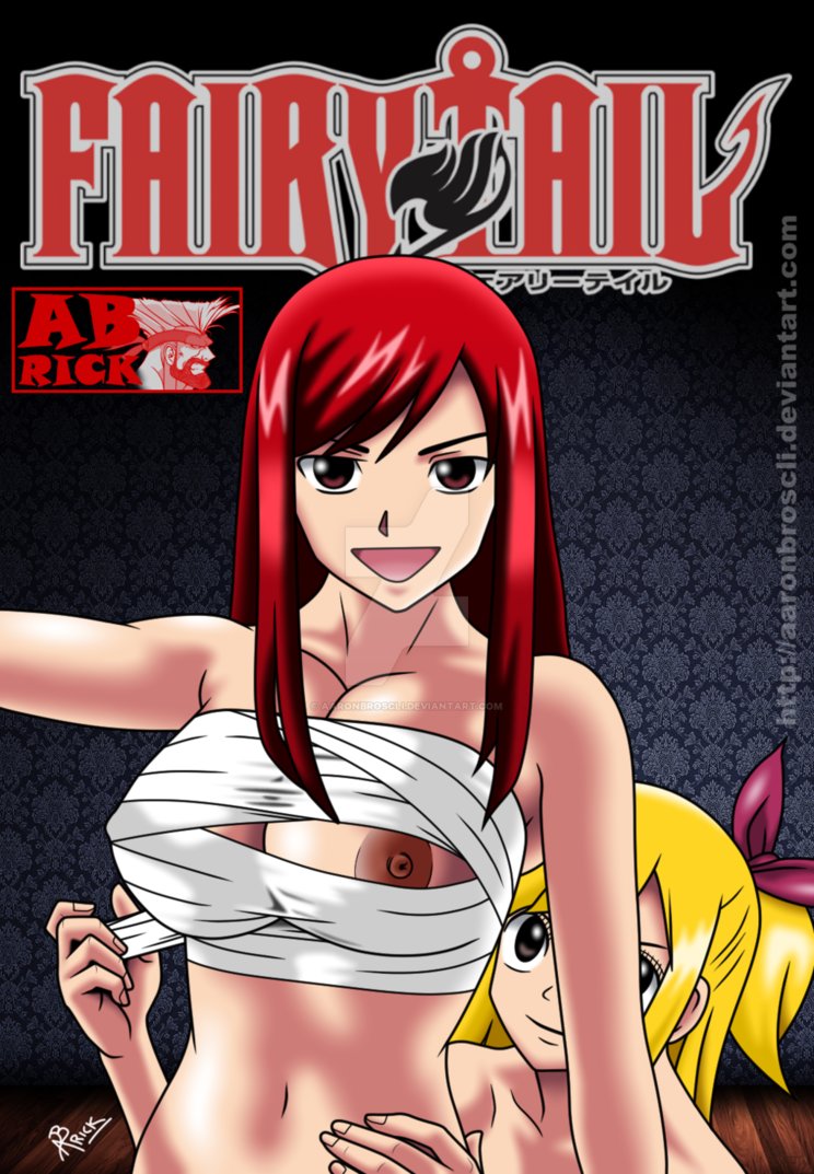 2girls aaron_broscli blonde_hair breasts erza_scarlet fairy_tail female large_breasts long_hair lucy_heartfilia multiple_girls nipples red_hair sarashi