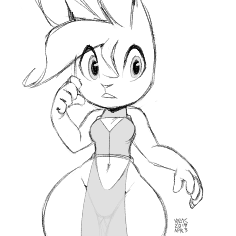 2019 breasts cleavage clothed clothing female front_view hair lagomorph leporid mammal midriff monochrome rabbit sketch solo standing thick_thighs translucent transparent_clothing wide_hips xylas