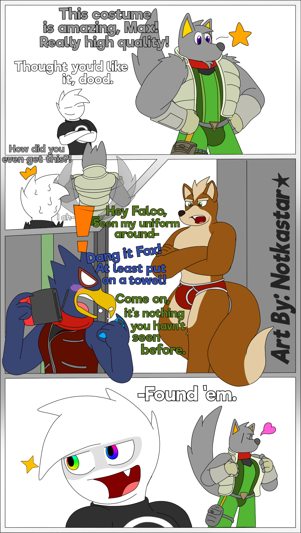 2019 alpha_channel anthro avian belt briefs canid canine canis clothed clothing comic digital_media_(artwork) english_text falco_lombardi fox_mccloud fur hair jacket lying male mammal max_(character) muscular muscular_male nintendo notkastar panicked rainbow scarf signature simple_background smile star star_fox tailwag text underwear uniform video_games wolf zatch_(character)