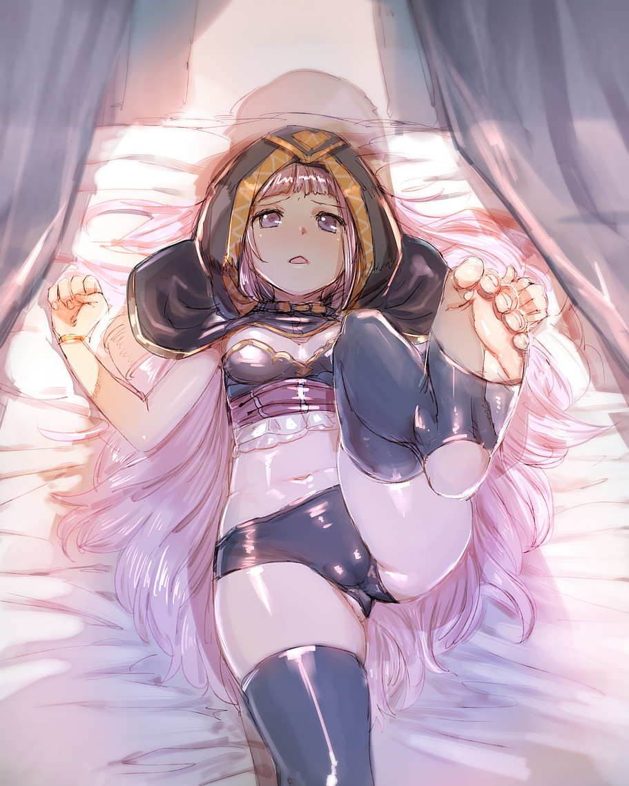 1girl bangs bare_arms blunt_bangs bow_(bhp) breasts breasts_apart cameltoe feet furrowed_eyebrows gluteal_fold hair_spread_out hood hood_up leg_lift long_hair lying navel ominous_shadow on_back on_bed original pov_feet shiny shiny_clothes shiny_hair shiny_legwear shiny_skin skindentation small_breasts soles solo stirrup_legwear stomach toe_scrunch toeless_legwear toenails toes very_long_hair