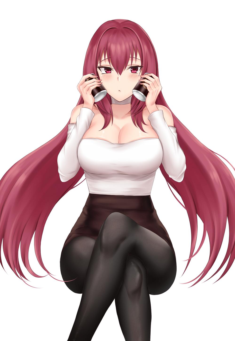 1girl alternate_costume bangs bare_shoulders blush breasts can canned_coffee choker cleavage collarbone crimecrime fate/grand_order fate_(series) hair_between_eyes hair_intakes highres large_breasts legs_crossed long_hair long_sleeves looking_at_viewer pantyhose pout purple_hair red_eyes scathach_(fate)_(all) scathach_(fate/grand_order) simple_background skirt solo white_background