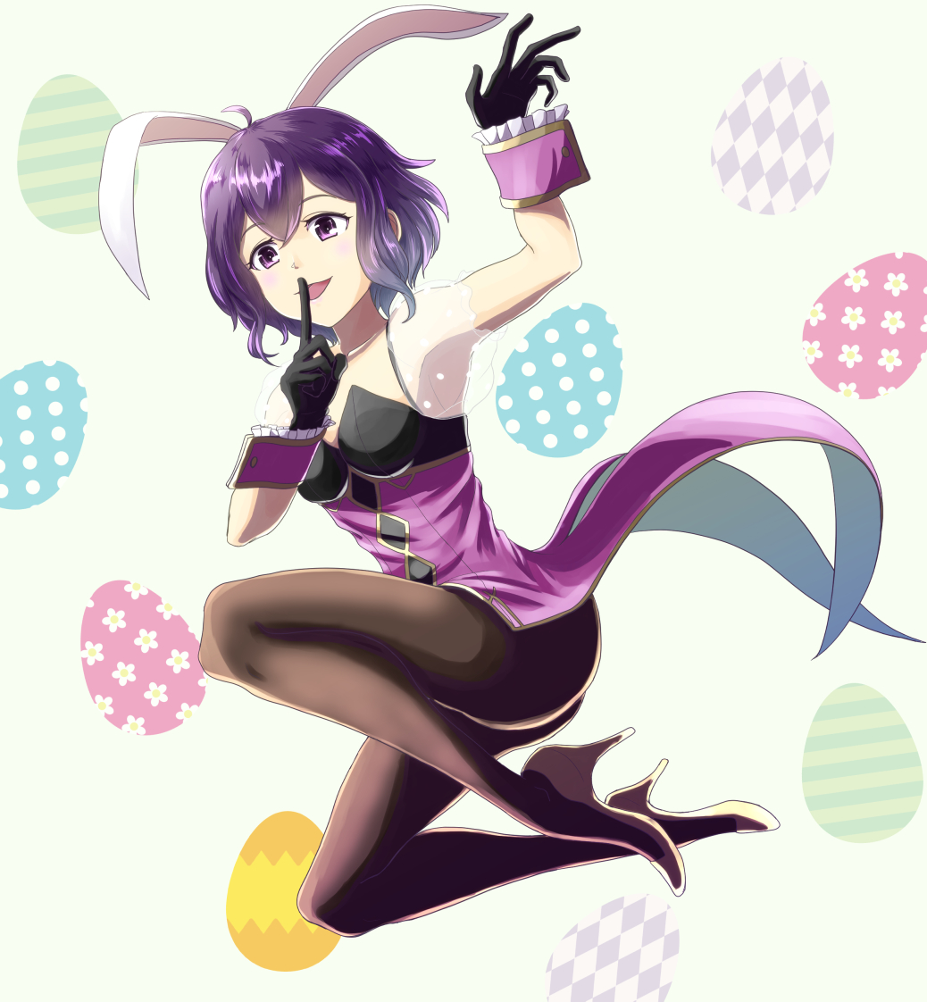 1girl animal_ears black_gloves black_legwear bunny_ears easter_egg egg fire_emblem fire_emblem:_kakusei full_body gloves gzo1206 mark_(female)_(fire_emblem) mark_(fire_emblem) nintendo open_mouth pantyhose purple_hair see-through short_hair smile solo wrist_cuffs