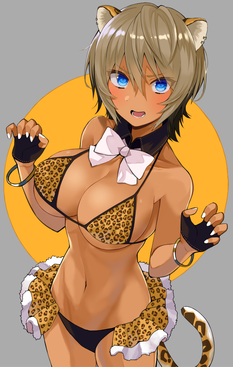 1girl :d animal_ears animal_print bangs bare_shoulders bikini black_bikini_bottom black_gloves blue_eyes blush bow bowtie bracelet breasts brown_hair claw_pose cleavage copyright_request cowboy_shot dark_skin detached_collar fingerless_gloves fur-trimmed_skirt gloves gomashi_(goma) hair_between_eyes highres jewelry large_breasts leopard_ears leopard_print leopard_tail looking_at_viewer mismatched_bikini nail_polish navel open_mouth original print_bikini short_hair showgirl_skirt smile solo stomach swimsuit tail two-tone_background underboob v-shaped_eyebrows white_bow white_nails white_neckwear