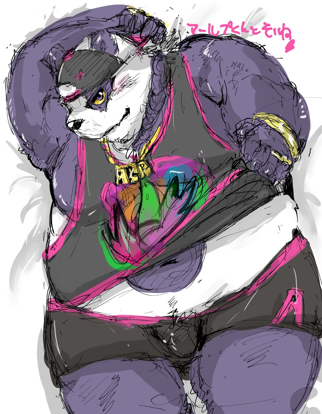 2019 alp_(tas) anthro belly blush clothing fur giant_panda humanoid_hands japanese_text male mammal navel overweight overweight_male purple_fur shirt shorts solo text tokyo_afterschool_summoners topwear ursid video_games yuuya333