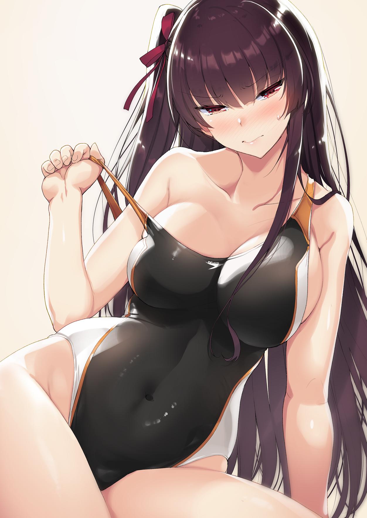 1girl akahito arm_support bangs beige_background blush breasts collarbone competition_swimsuit covered_navel eyebrows_visible_through_hair girls_frontline hair_ribbon half-closed_eyes highres large_breasts long_hair looking_at_viewer one-piece_swimsuit one_side_up purple_hair red_eyes ribbon sidelocks simple_background sitting skindentation solo sweatdrop swimsuit swimsuit_tug thighs tsurime very_long_hair wa2000_(girls_frontline) yokozuwari
