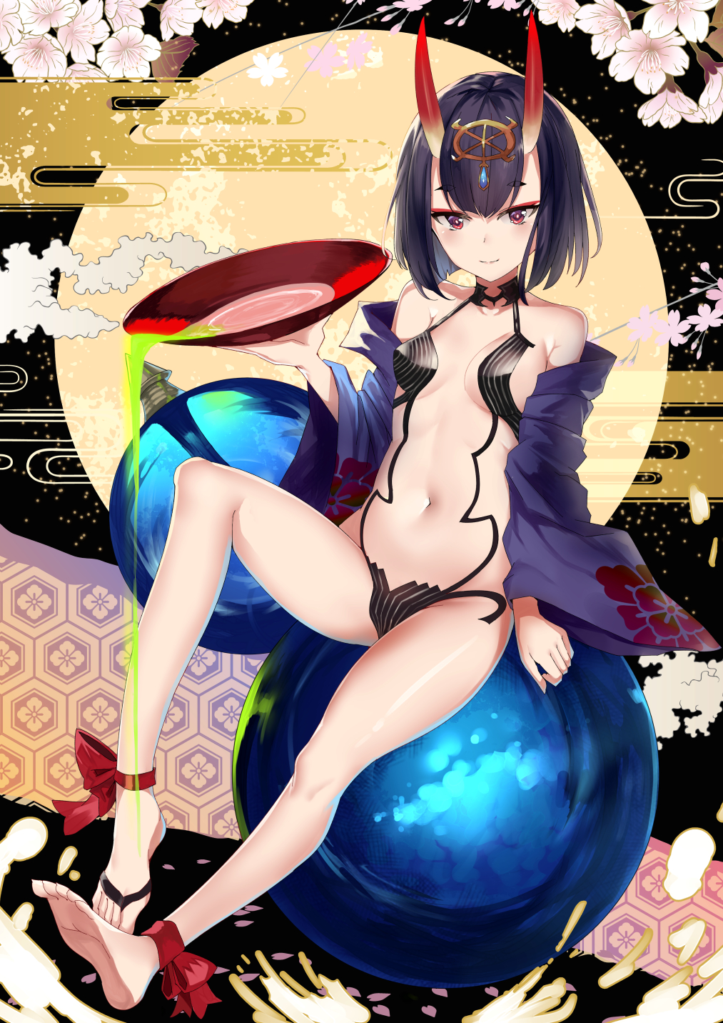 1girl alcohol ankle_ribbon bangs bare_legs bare_shoulders barefoot breasts cherry_blossoms commentary_request cup eyeshadow fate/grand_order fate_(series) floral_print full_body full_moon gourd hand_up headpiece highres holding holding_cup japanese_clothes kimono long_sleeves looking_at_viewer makeup moon navel off_shoulder oni oni_horns open_clothes open_kimono purple_eyes purple_hair purple_kimono red_ribbon revealing_clothes ribbon rinaka_moruchi sakazuki sake short_hair shuten_douji_(fate/grand_order) sitting small_breasts smile solo stomach thighs wide_sleeves