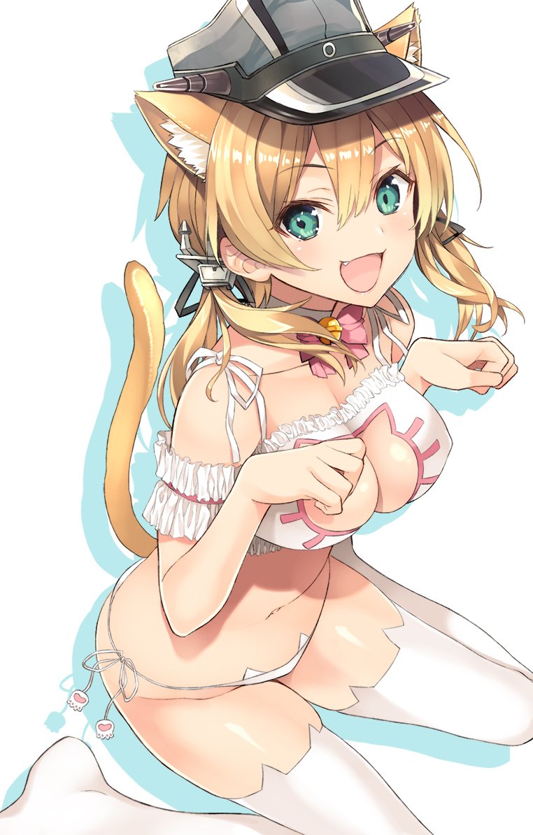 1girl anchor_hair_ornament animal_band_legwear animal_ear_fluff animal_ears aqua_eyes bell bell_choker blonde_hair blush bra breasts cat_band_legwear cat_cutout cat_ear_panties cat_ears cat_lingerie choker cleavage cleavage_cutout fang hair_ornament hat inuzumi_masaki jingle_bell kantai_collection large_breasts lingerie long_hair looking_at_viewer meme_attire navel open_mouth panties paw_pose paw_print peaked_cap prinz_eugen_(kantai_collection) side-tie_panties simple_background sitting smile solo tail thighhighs twintails underwear underwear_only wariza white_background
