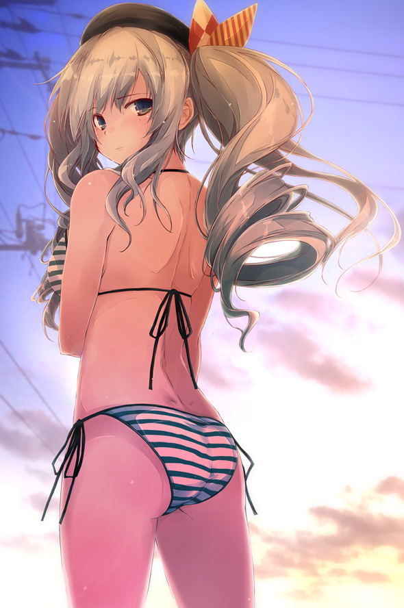 1girl ass beret bikini black_headwear cloud commentary_request from_behind gradient_sky grey_eyes hat kantai_collection kashima_(kantai_collection) looking_at_viewer looking_back power_lines side-tie_bikini sidelocks silver_hair sky solo striped striped_bikini sunset swimsuit tsurime twintails wavy_hair yumesato_makura