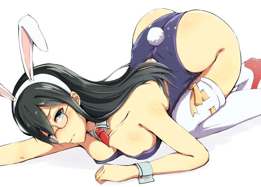 1girl all_fours animal_ears black_hair blue_leotard bondo_(borndragon) breasts bunny_ears bunny_girl bunny_tail bunnysuit commentary_request detached_collar glasses green_eyes hairband kantai_collection leotard long_hair looking_at_viewer medium_breasts necktie ooyodo_(kantai_collection) red_neckwear semi-rimless_eyewear simple_background solo strapless strapless_leotard tail thighhighs under-rim_eyewear white_background white_legwear wrist_cuffs