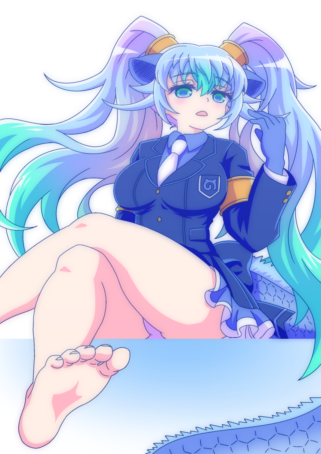 2018 5_fingers 5_toes animal_humanoid barefoot big_breasts biped blue_hair blue_scales blue_tail blue_theme bow breasts clothed clothing cool_colors crossed_legs digital_drawing_(artwork) digital_media_(artwork) dragon dragon_humanoid dress_shirt eyelashes feet female foot_focus frown gloves green_eyes hair hi_res humanoid humanoid_feet humanoid_hands kemono_friends light light_skin lighting long_hair long_tail looking_at_viewer looking_down low-angle_view necktie open_frown open_mouth panties pigtails plantigrade quatre_aaaa scales scalie scalie_humanoid seiryu_(kemono_friends) shadow shirt simple_background sitting skirt soles solo suit tan_skin toes topwear undershirt underwear upskirt white_background