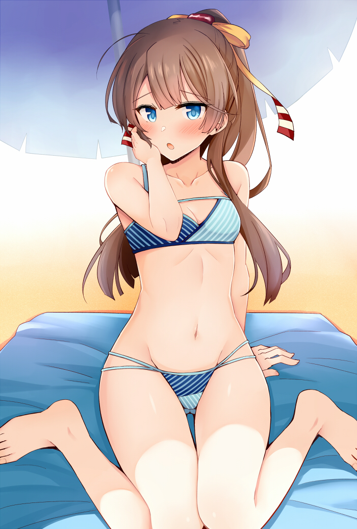 1girl bangs bare_legs bare_shoulders barefoot beach bikini blue_eyes blush breasts brown_hair collarbone commentary_request eyebrows_visible_through_hair gluteal_fold hair_ribbon hand_on_own_face kantai_collection kazagumo_(kantai_collection) long_hair looking_at_viewer medium_breasts navel open_mouth outdoors ponytail ribbon rui_shi_(rayze_ray) sand sitting solo swimsuit umbrella wariza