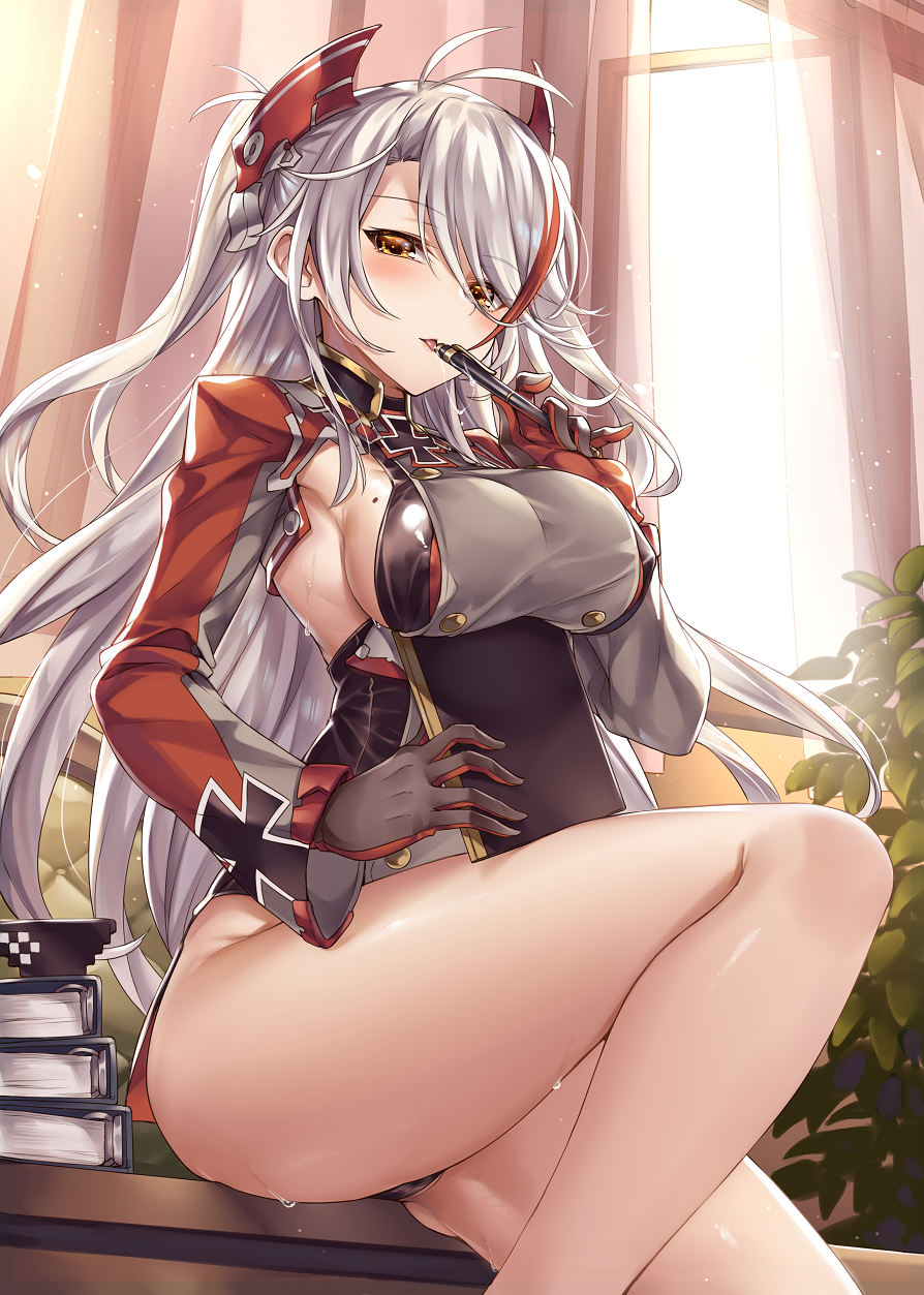 1girl antenna_hair azur_lane bangs bare_legs black_panties blush breasts brown_eyes clipboard commentary desk eyebrows_visible_through_hair gloves headgear highres indoors iron_cross ks long_hair long_sleeves looking_at_viewer medium_breasts mole mole_on_breast multicolored_hair no_pants on_desk panties prinz_eugen_(azur_lane) saliva saliva_trail sideboob silver_hair sitting sitting_on_desk solo streaked_hair sweat swept_bangs tongue tongue_out two_side_up underwear