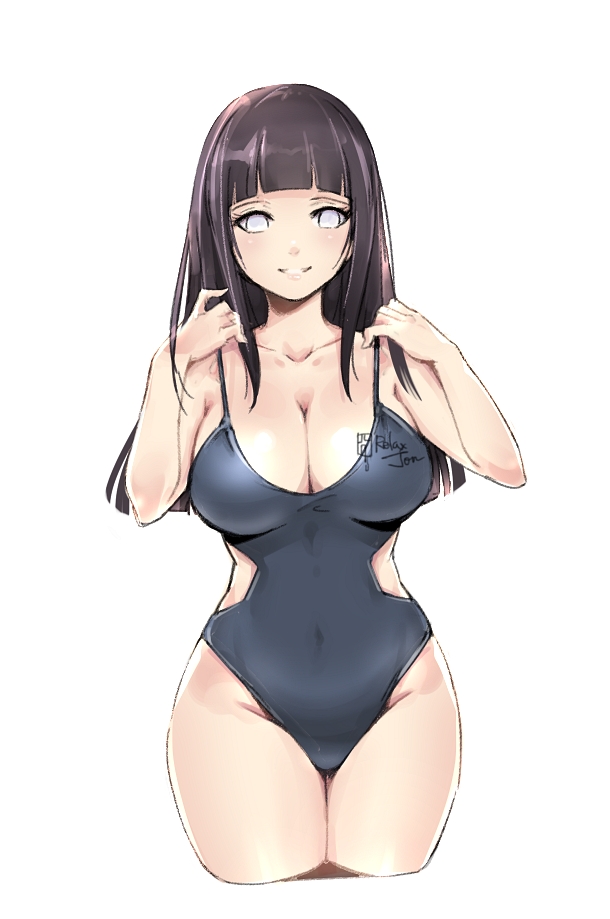 1girl artist_name bangs bare_arms bare_shoulders black_hair black_swimsuit blue_eyes blunt_bangs blush breasts casual_one-piece_swimsuit cleavage collarbone commentary_request covered_navel cowboy_shot cropped_legs hands_up hime_cut hyuuga_hinata large_breasts long_hair looking_at_viewer naruto naruto_(series) one-piece_swimsuit parted_lips relaxjon sidelocks smile solo swimsuit