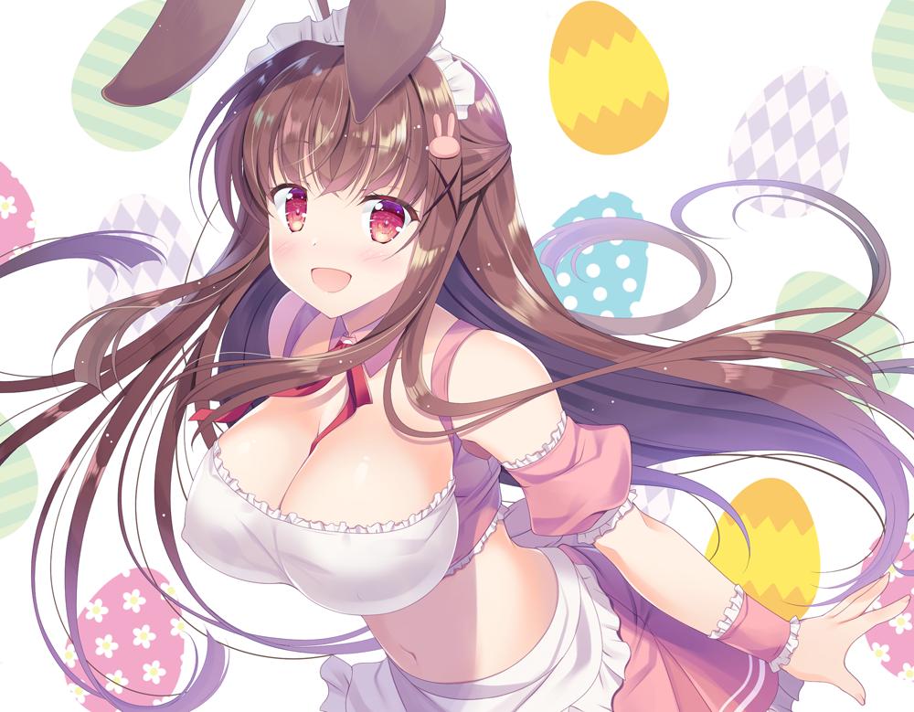 1girl :d animal_ears apron bare_shoulders blush breasts brown_hair bunny_ears bunny_hair_ornament cleavage collarbone commentary_request crop_top detached_collar detached_sleeves erect_nipples floating_hair frilled_cuffs frilled_skirt frills hair_ornament half_updo large_breasts long_hair looking_at_viewer maid maid_apron maid_headdress midriff miniskirt naruse_mamoru navel neck_ribbon open_mouth original pink_skirt puffy_short_sleeves puffy_sleeves red_eyes red_neckwear ribbon short_sleeves sidelocks skirt smile solo stomach upper_body very_long_hair waist_apron wrist_cuffs x_hair_ornament