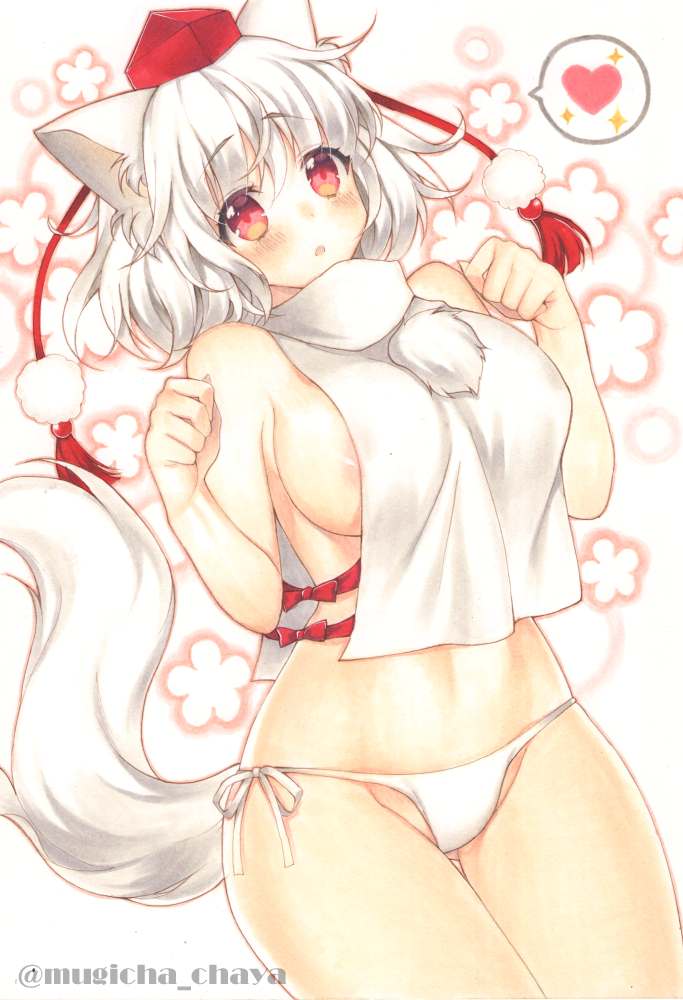 1girl :o animal_ears areola_slip areolae bangs bare_arms bare_shoulders blush bow breasts commentary_request cowboy_shot eyebrows_visible_through_hair floral_background gluteal_fold hands_up hat heart inubashiri_momiji large_breasts looking_at_viewer marker_(medium) medium_breasts mugicha_(mugicha0929) panties parted_lips paw_pose red_bow red_eyes red_headwear silver_hair sleeveless sleeveless_turtleneck solo sparkle spoken_heart tail tareme tassel thigh_gap tokin_hat touhou traditional_media turtleneck twitter_username underwear white_panties wolf_ears wolf_girl wolf_tail