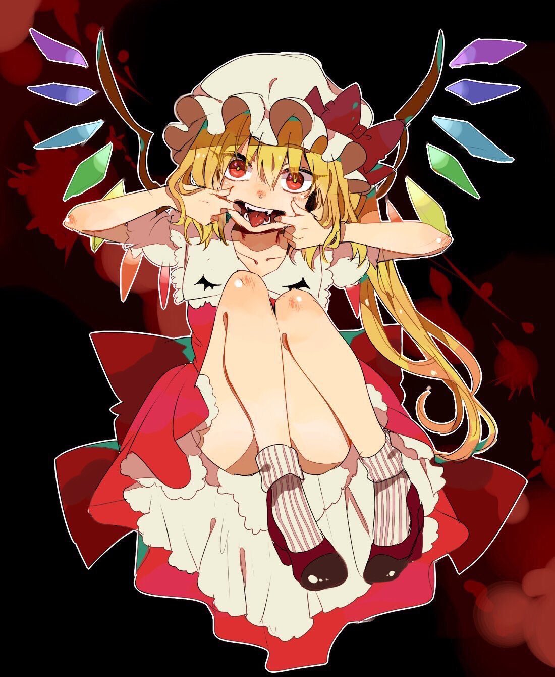 1girl arms_up ass bangs bare_legs black_background blonde_hair bow collarbone commentary_request convenient_leg crystal dress eyebrows_visible_through_hair eyes_visible_through_hair fangs flandre_scarlet full_body hair_between_eyes hat hat_bow head_tilt high_heels highres knees_up long_hair looking_at_viewer mob_cap mouth_pull one_side_up open_mouth outline petticoat potesara puffy_short_sleeves puffy_sleeves red_bow red_dress red_eyes red_footwear shirt short_sleeves simple_background smile socks solo striped striped_legwear tongue tongue_out touhou vertical-striped_legwear vertical_stripes very_long_hair white_headwear white_legwear white_outline white_shirt wings