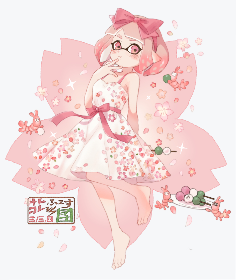 1girl :t arm_behind_back bangs barefoot blunt_bangs blush bow cherry_blossoms closed_mouth commentary dango domino_mask dress floral_print food full_body hair_bow hair_ribbon hand_to_own_mouth holding holding_food inkling leaning_back leg_up light_blush looking_at_viewer mask medium_dress mimimi_(echonolog) pink_bow pink_dress pink_eyes pink_hair pink_ribbon plate pointy_ears print_dress ribbon sanshoku_dango sash short_hair shrimp sleeveless sleeveless_dress solo spaghetti_strap splatoon_(series) standing standing_on_one_leg sundress tentacle_hair translation_request wagashi white_background