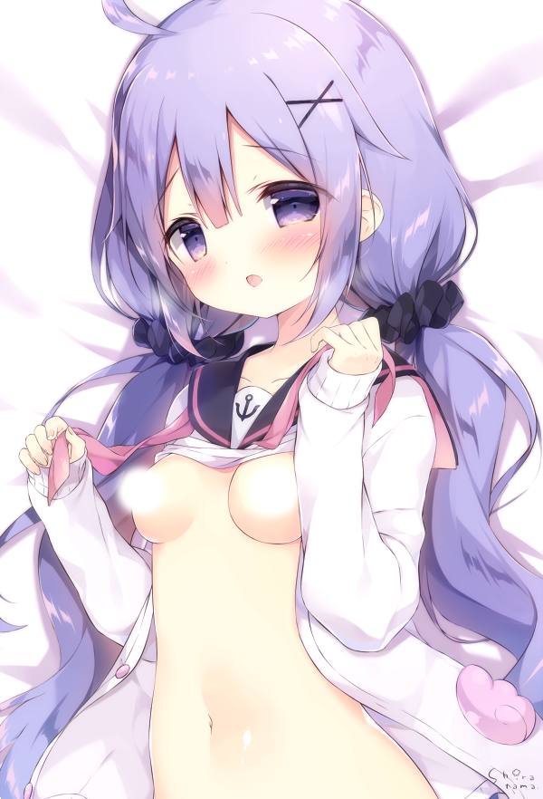 1girl :o anchor_symbol azur_lane bed_sheet black_sailor_collar black_scrunchie blush breasts cardigan censored commentary_request fingernails hair_ornament hair_scrunchie light_censor long_hair long_sleeves looking_at_viewer low_twintails lying navel on_back open_cardigan open_clothes parted_lips purple_eyes purple_hair sailor_collar scrunchie shiratama_(shiratamaco) shirt shirt_lift sleeves_past_wrists small_breasts solo twintails unicorn_(amusement_park_date)_(azur_lane) unicorn_(azur_lane) upper_body very_long_hair white_cardigan white_shirt x_hair_ornament