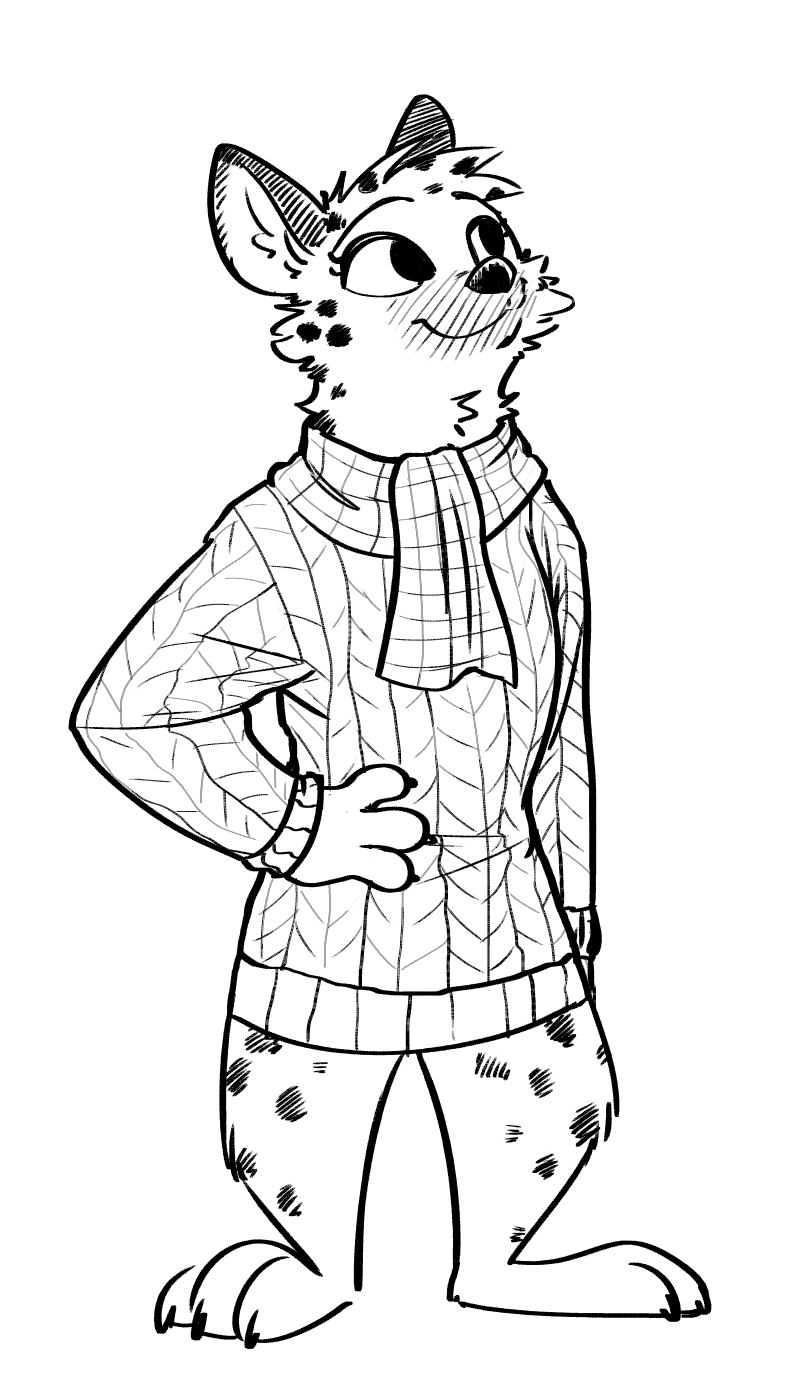 2018 aafiya_khalil_(spiff) anthro barefoot black_and_white cheek_tuft claws clothed clothing fuel_(artist) hand_on_hip head_tuft hyaenid mammal monochrome scarf simple_background smile solo spotted_hyena standing toe_claws tuft white_background