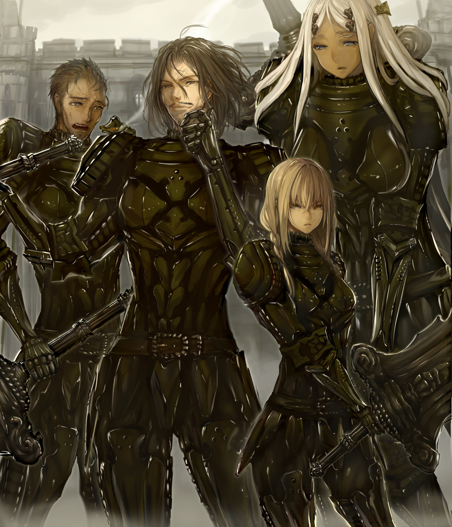 2boys 2girls ahoge armor beard belt blonde_hair braid brown_hair castle cigarette commentary_request dark_skin facial_hair full_armor hand_on_own_chin height_difference holding holding_sword holding_weapon huge_weapon kazunari_(prawn10231) knight long_hair looking_at_another looking_at_viewer multiple_boys multiple_girls mustache original parted_lips plate_armor platinum_blonde_hair serious short_hair smile sweat sword tall weapon yellow_eyes