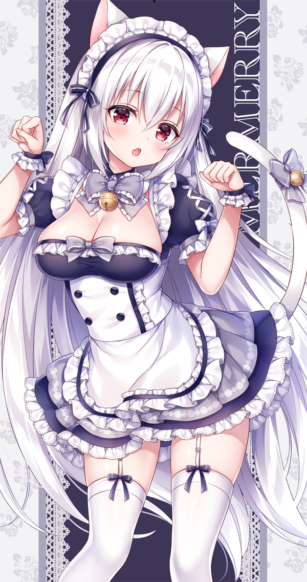 1girl :o animal_ears apron bangs bell black_dress blush bow breasts cat_ears cat_girl cat_tail cleavage commentary_request dress eyebrows_visible_through_hair fang frilled_apron frilled_dress frills grey_bow hair_between_eyes hands_up head_tilt jingle_bell large_breasts long_hair maid maid_headdress mitsuba_choco original parted_lips paw_pose puffy_short_sleeves puffy_sleeves red_eyes short_sleeves silver_hair solo tail tail_bell tail_bow tail_raised thighhighs very_long_hair waist_apron white_apron white_legwear wrist_cuffs