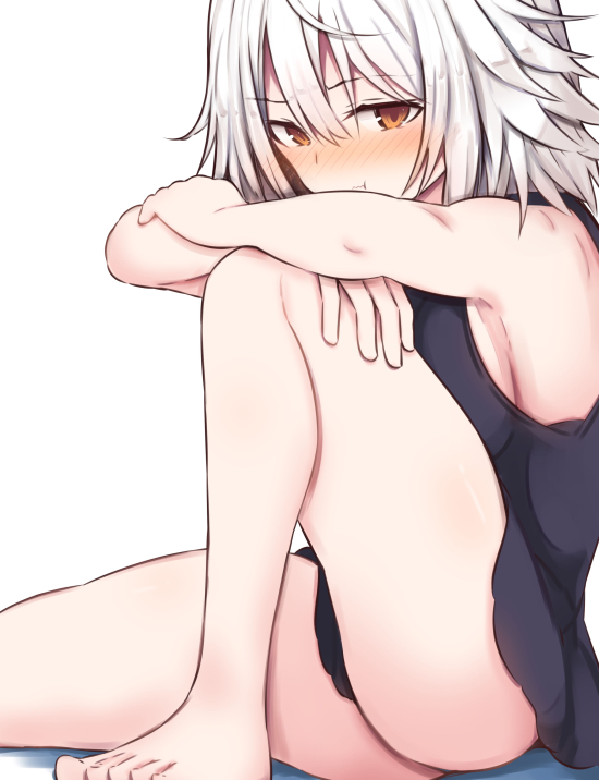 1girl :t bangs bare_arms bare_legs bare_shoulders barefoot beni_shake black_dress blush breasts brown_eyes closed_mouth commentary_request dress eyebrows_visible_through_hair fate/grand_order fate_(series) hair_between_eyes jeanne_d'arc_(alter)_(fate) jeanne_d'arc_(fate)_(all) knee_up large_breasts looking_at_viewer nose_blush shadow sitting sleeveless sleeveless_dress solo white_background white_hair
