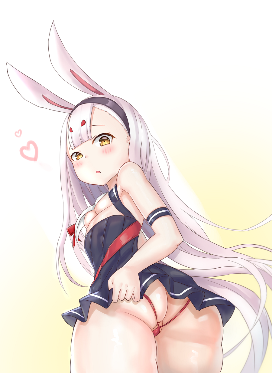 1girl animal_ears ass azur_lane backless_panties black_dress blush breasts brown_eyes bunny_ears cleavage dress dress_tug from_behind hairband highres long_hair looking_back open_mouth panties partially_visible_vulva red_panties shimakaze_(azur_lane) short_dress silver_hair simple_background small_breasts solo strapless strapless_dress thighs underboob underwear white_background