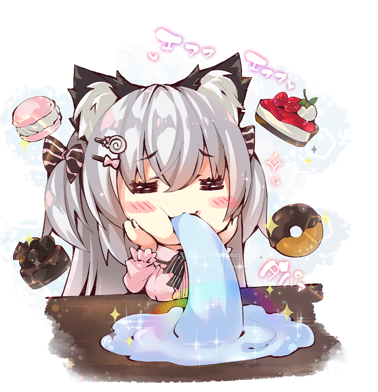 1girl =_= animal_ear_fluff animal_ears bangs black_bow blush_stickers bow breasts cat_ears chibi commentary_request doughnut eyebrows_visible_through_hair eyes_closed food grey_hair hair_between_eyes hair_bow hands_on_own_face hands_up large_breasts long_hair long_sleeves macaron ooji_cha original oziko_(ooji_cha) pink_sweater rainbow ribbed_sweater saliva solo sparkle striped striped_bow sweater table translation_request two_side_up very_long_hair
