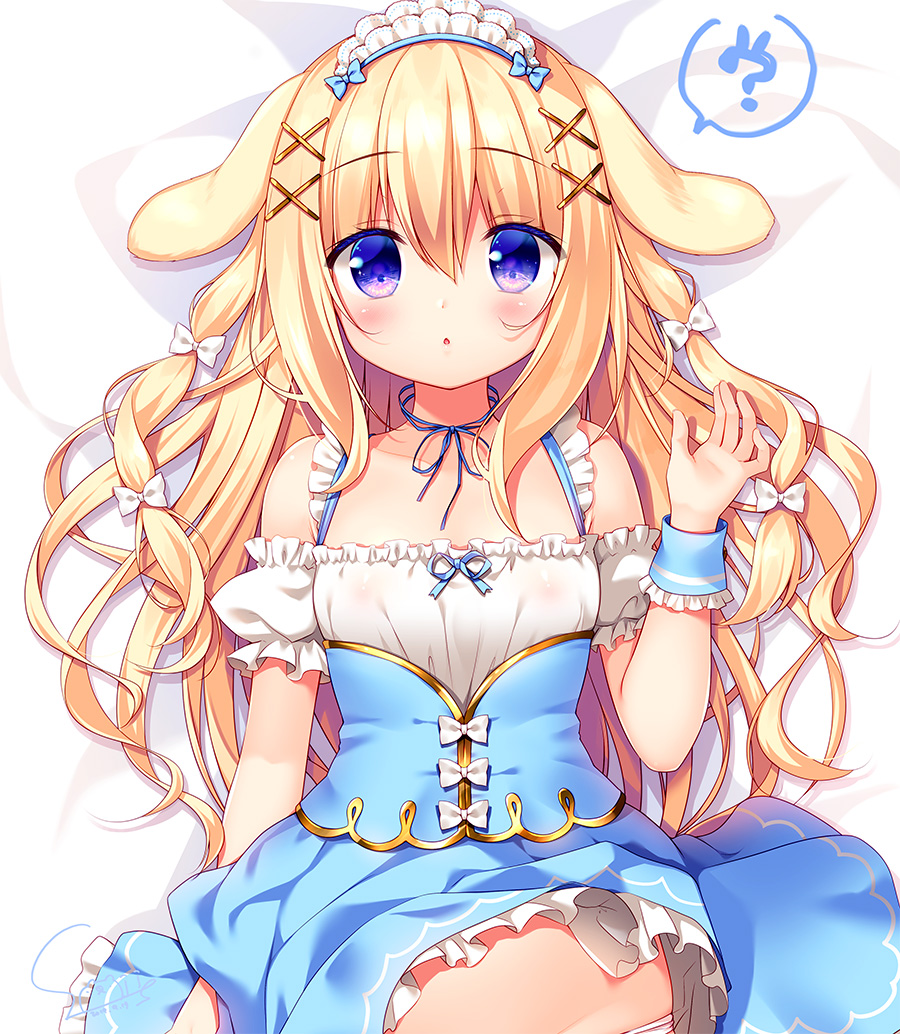 1girl :o ? animal_ears bangs bed_sheet blonde_hair blue_ribbon blue_skirt blush bow bunny bunny_ears collarbone commentary_request detached_sleeves eyebrows_visible_through_hair frilled_skirt frills hair_between_eyes hair_bow hair_ornament hand_up long_hair lying maid maid_headdress neck_ribbon on_back original panties parted_lips puffy_short_sleeves puffy_sleeves purple_eyes ribbon sasai_saji short_sleeves sidelocks skirt skirt_lift sleeveless solo spoken_question_mark underwear very_long_hair white_bow white_panties white_sleeves wrist_cuffs x_hair_ornament