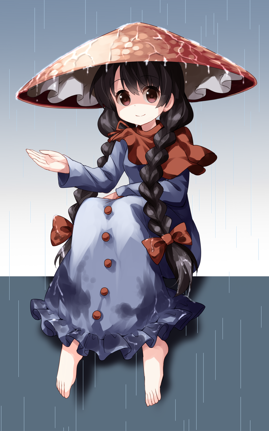 1girl bangs barefoot black_hair blue_background blue_dress braid breasts brown_eyes buttons closed_mouth dress eyebrows_visible_through_hair feet frilled_dress frills full_body gradient gradient_background hand_on_own_knee hat highres jizou large_hat long_hair long_sleeves looking_at_viewer outstretched_hand rain ribbon rice_hat ruu_(tksymkw) sitting small_breasts smile solo toes touhou twin_braids twintails very_long_hair wet wet_clothes wet_dress wet_hair wet_hat yatadera_narumi