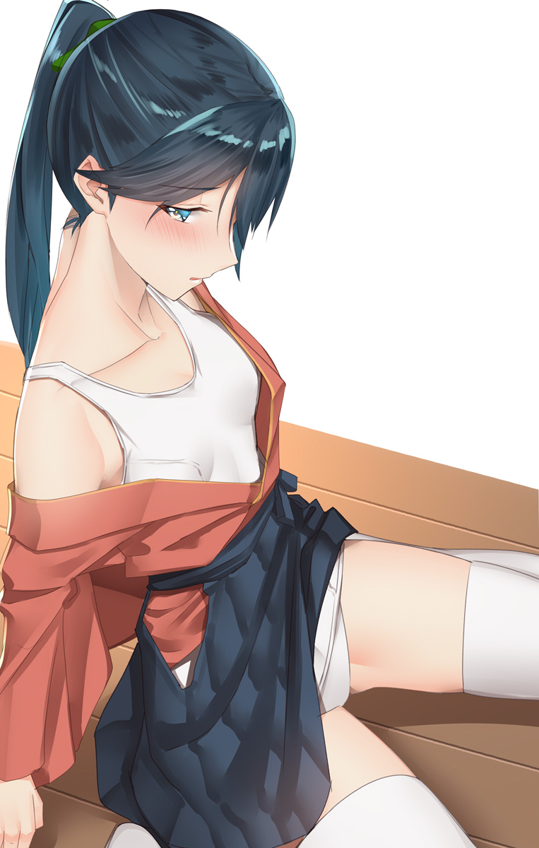 1girl bangs black_hair blue_eyes blue_hakama blush breasts collarbone commentary_request eyebrows_visible_through_hair hair_between_eyes hakama hakama_skirt high_ponytail highres hip_vent houshou_(kantai_collection) japanese_clothes kantai_collection long_hair looking_at_viewer off_shoulder one-piece_swimsuit open_mouth pallad parted_lips ponytail simple_background sitting small_breasts solo swimsuit swimsuit_under_clothes wariza white_legwear