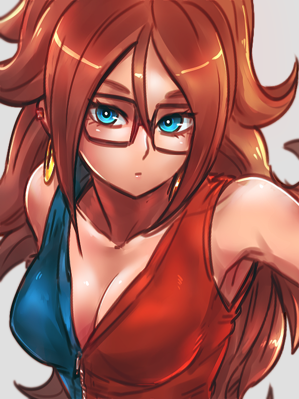 1girl adapted_costume android_21 armpits black-framed_eyewear blue_eyes breasts brown_hair cleavage closed_mouth collarbone commentary_request curly_hair dragon_ball dragon_ball_fighterz dress earrings expressionless glasses grey_background hoop_earrings jewelry long_hair looking_at_viewer medium_breasts sleeveless sleeveless_dress solo st62svnexilf2p9 two-tone_dress very_long_hair