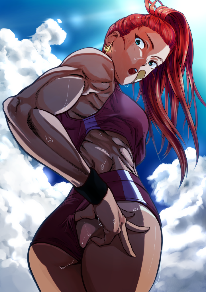 1girl abs adjusting_clothes adjusting_legwear ass bare_shoulders bokkusu breasts captain_mizuki earring from_below medium_breasts midriff muscle muscular_female one-punch_man open_mouth ponytail solo sports_bra sweat