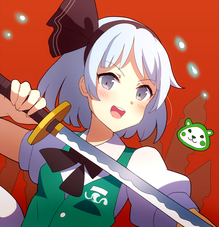 1girl 60mai :d bangs black_bow black_hairband black_neckwear black_ribbon blush bow bowtie breasts commentary_request eyebrows_visible_through_hair green_vest grey_eyes hair_ribbon hairband hitodama holding holding_sword holding_weapon katana konpaku_youmu konpaku_youmu_(ghost) looking_at_viewer open_mouth puffy_short_sleeves puffy_sleeves red_background ribbon shirt short_hair short_sleeves silver_hair simple_background small_breasts smile solo sword touhou upper_body vest weapon white_shirt wily_beast_and_weakest_creature