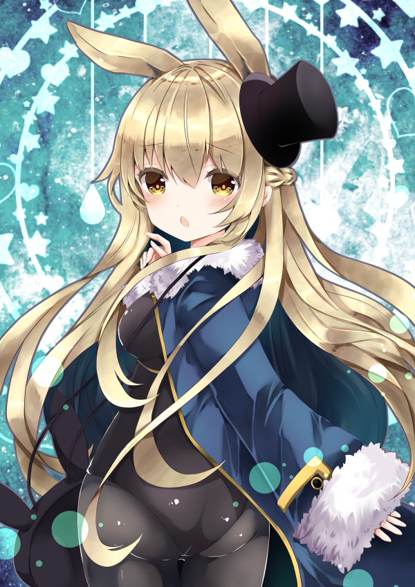 1girl animal_bag animal_ears bag bangs black_headwear black_leotard blonde_hair blue_jacket blush braid breasts brown_eyes bunny_bag bunny_ears character_request commentary_request eyebrows_visible_through_hair fur-trimmed_jacket fur-trimmed_sleeves fur_trim grey_legwear grimms_notes hair_between_eyes hand_up hat jacket leotard long_hair looking_at_viewer looking_back medium_breasts mini_hat mini_top_hat nanase_nao open_clothes open_jacket open_mouth pantyhose parted_lips shoulder_bag sleeves_past_wrists solo star tilted_headwear top_hat very_long_hair wide_sleeves
