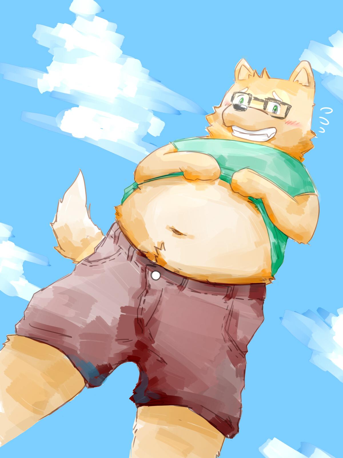 2015 anthro belly blush canid canine canis clothed clothing domestic_dog eyewear fatkylefat glasses green_eyes hi_res male mammal navel open_shirt outside shirt shorts slightly_chubby solo teeth topwear