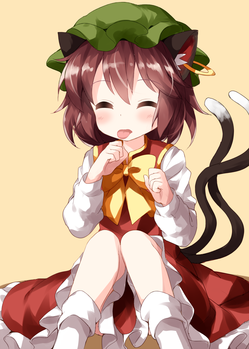 1girl animal_ear_fluff animal_ears blush bow bowtie brown_hair cat_ears cat_tail chen earrings eyebrows_visible_through_hair eyes_closed green_headwear hat highres jewelry long_sleeves multiple_tails red_skirt ruu_(tksymkw) short_hair simple_background sitting skirt solo tail tongue tongue_out touhou yellow_background yellow_neckwear