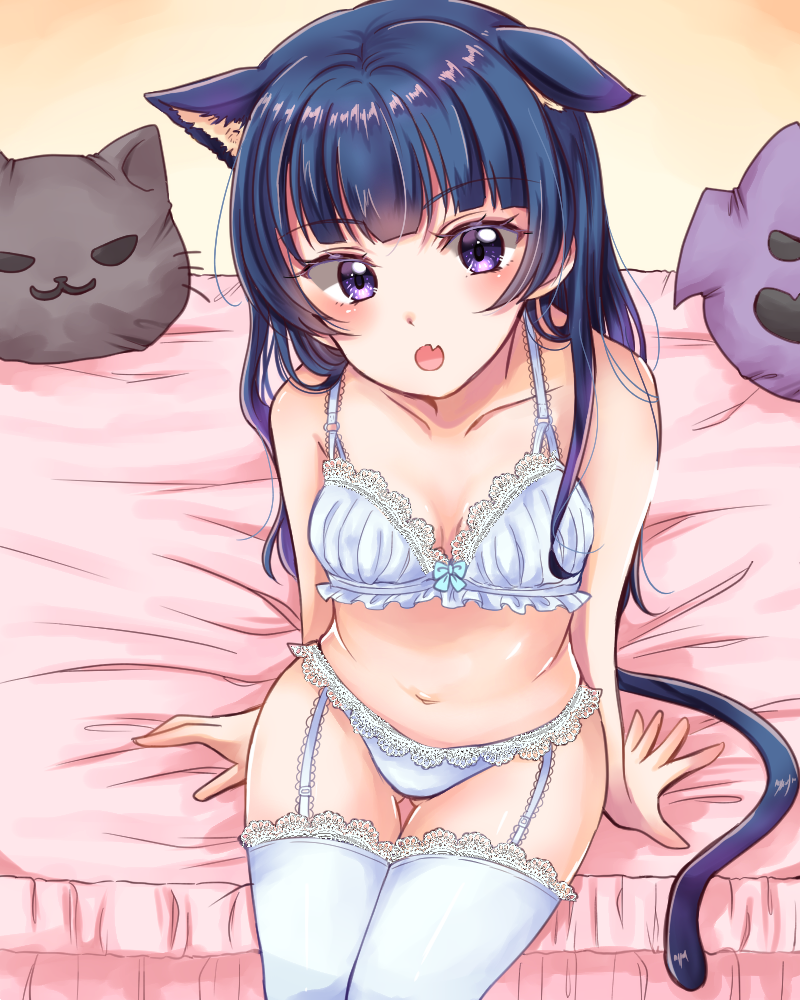 1girl animal_ears bangs bed_sheet blue_bra blue_hair blue_legwear blue_panties bra breasts cat_ears cat_pillow cat_tail collarbone cowboy_shot eneco eyebrows_visible_through_hair fang garter_straps ghost_pillow gluteal_fold head_tilt kemonomimi_mode lace lace-trimmed_bra lace-trimmed_legwear lace-trimmed_panties long_hair looking_at_viewer love_live! love_live!_sunshine!! navel on_bed open_mouth panties purple_eyes sitting sitting_on_bed skin_fang small_breasts solo tail thigh_gap tsushima_yoshiko underwear underwear_only very_long_hair