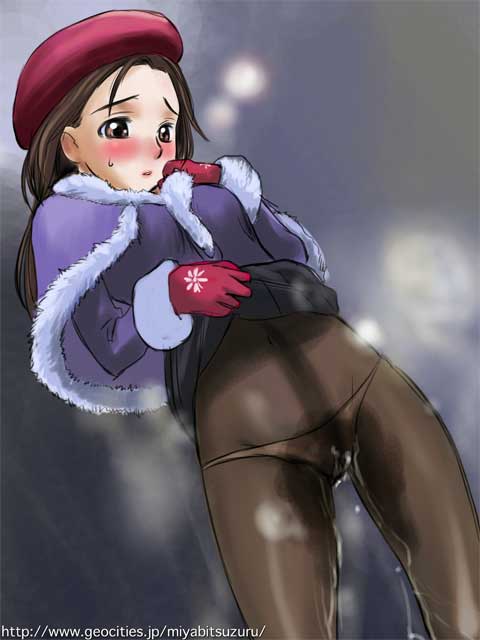 artist_request beret blush cold flat_chest gloves hat original outside pantyhose peeing tagme wet wet_clothes
