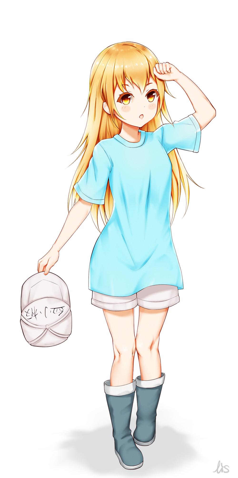 1girl black_footwear blue_shirt blush boots brown_eyes child commentary_request flat_cap hair_between_eyes hat hat_removed hataraku_saibou headwear_removed highres holding holding_hat lis_zhu_long long_hair open_mouth platelet_(hataraku_saibou) shirt short_sleeves shorts signature simple_background solo white_background white_headwear