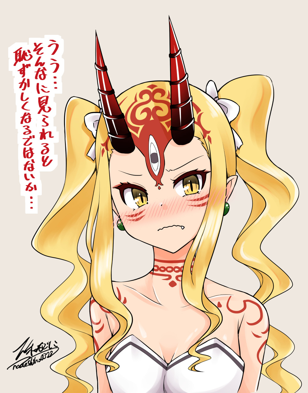 1girl bare_shoulders bikini_top blonde_hair blush bow breasts cleavage closed_mouth collarbone commentary_request earrings embarrassed facial_mark fang fang_out fate/grand_order fate_(series) forehead_mark frown grey_background hair_bow head_tilt highres horns ibaraki_douji_(fate/grand_order) ibaraki_douji_(swimsuit_lancer)_(fate) jewelry long_hair looking_at_viewer nose_blush pointy_ears shoulder_tattoo sidelocks signature simple_background small_breasts solo strapless strapless_bikini tattoo translation_request twintails upper_body wavy_hair wavy_mouth whisker_markings white_bikini_top white_bow yamato_nadeshiko yellow_eyes