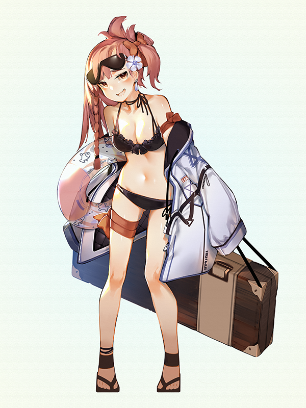 1girl alternate_hairstyle bangs bikini black_bikini blush bow braid breasts earrings eyebrows_visible_through_hair eyewear_on_head flower full_body girls_frontline glasses hair_between_eyes hair_bow hair_flower hair_ornament hair_ribbon hair_up hairclip hexagram holding holding_innertube innertube jacket jewelry long_hair looking_at_viewer mania_(fd6060_60) negev_(girls_frontline) off_shoulder one_side_up open_clothes open_jacket pink_hair red_bow red_eyes ribbon sandals smile solo star_of_david swimsuit weapon_case