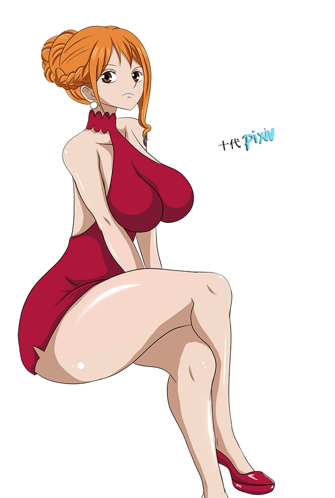 1girl ass breasts crossed_arms dress earrings female hair_bun high_heels jewelry juudai legs_crossed long_hair nami_(one_piece) one_piece orange_hair shoes skin_tight tied_hair