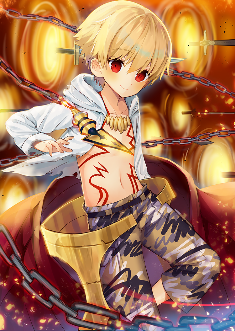 1boy blonde_hair blush chains child_gilgamesh fate/grand_order fate_(series) gate_of_babylon hood hoodie jewelry looking_at_viewer magonuri male_focus navel necklace red_eyes shorts smile solo sword weapon
