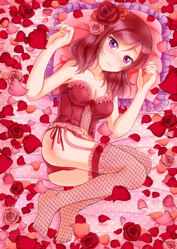 10s 1girl artist_request bangs bare_shoulders birthday blush dress elbow_gloves female flower garter_straps gloves happy_birthday looking_at_viewer love_live! love_live!_school_idol_project nail nail_polish nishikino_maki pillow purple_eyes red_dress red_flower red_hair red_legwear red_rose red_theme ribbon rose solo striped striped_ribbon swept_bangs thighhighs tiara