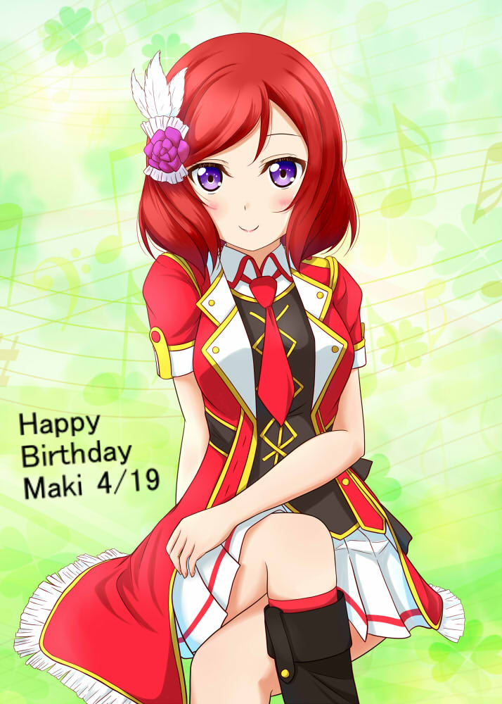 1girl artist_request bokura_no_live_kimi_to_no_life eyebrows_visible_through_hair feathers female hair_feathers happy_birthday idol legs_crossed long_hair looking_at_viewer love_live! love_live!_school_idol_project musical_note necktie nishikino_maki purple_eyes red_hair red_neckwear short_necktie short_sleeves smile solo standing white_feathers