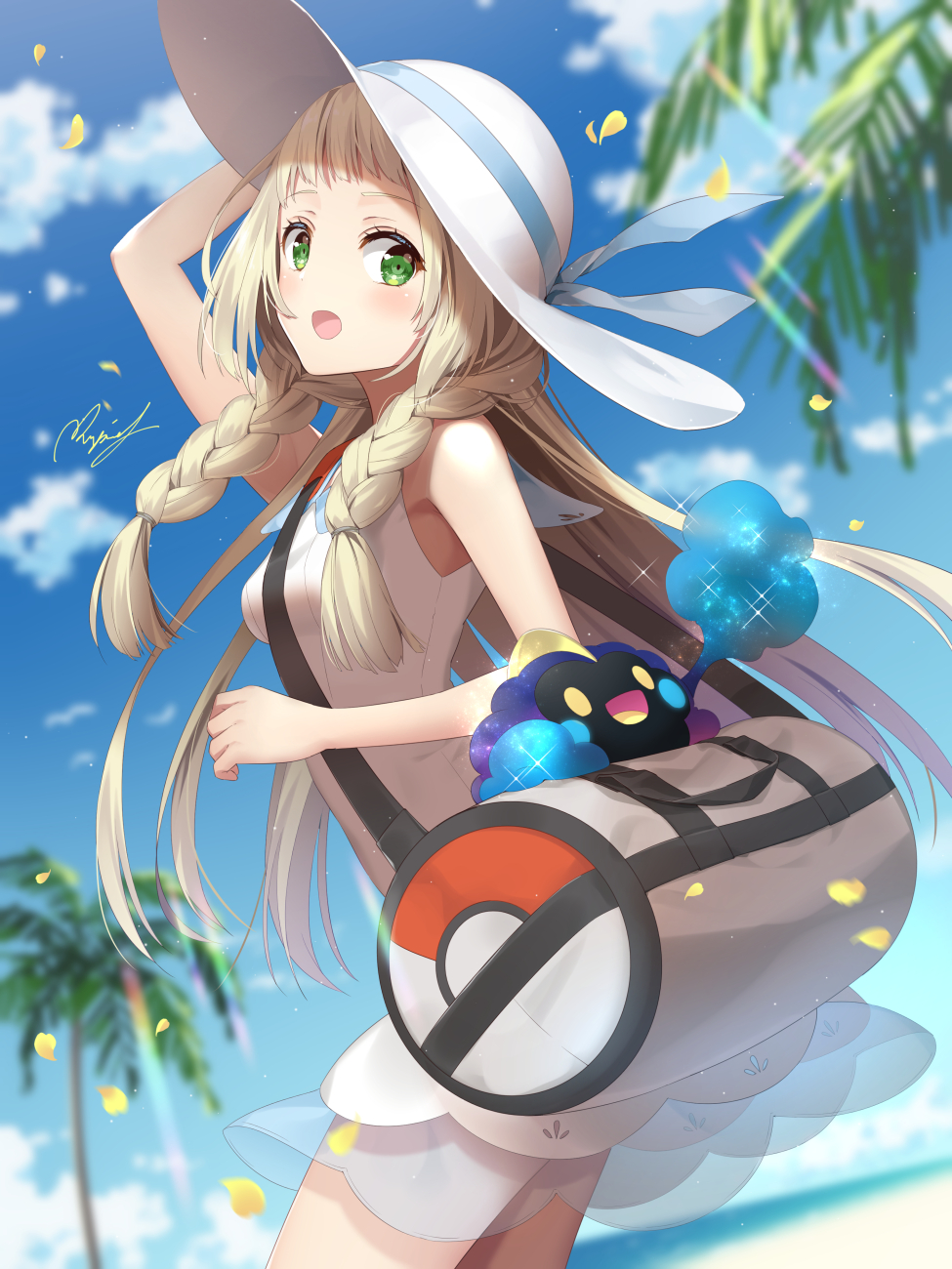 1girl arm_up bag bangs blonde_hair blue_sky braid breasts cloud cosmog creatures_(company) day dress duffel_bag game_freak gen_7_pokemon green_eyes hat highres light_particles lillie_(pokemon) long_hair nintendo outdoors palm_tree petals pokemon pokemon_(creature) pokemon_(game) pokemon_sm rupinesu see-through sky sleeveless sleeveless_dress small_breasts solo straight_hair sun_hat tree twin_braids white_dress white_headwear