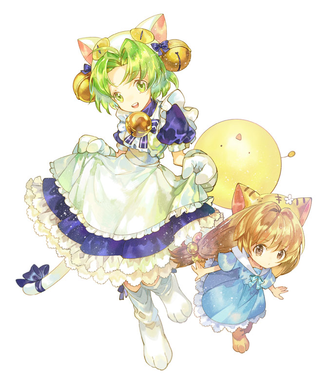 2girls :d animal_ears animal_hat apron bell blue_dress bow brown_eyes brown_hair cat_ears cat_hat cat_tail commentary_request dejiko di_gi_charat dress expressionless full_body gema gloves green_eyes green_hair hair_bell hair_ornament hat hat_bow jingle_bell kneehighs long_hair looking_at_viewer low-tied_long_hair multiple_girls noki_(affabile) open_mouth petticoat puchiko puffy_short_sleeves puffy_sleeves round_teeth short_hair short_sleeves simple_background skirt_hold smile standing tail tail_bow teeth white_background white_gloves white_legwear